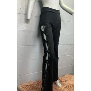 Vtg Y2K Black Low Rise Cut Out  Studded Flare Pants Stretchy Split Ankle Small